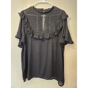 Rouge Collection Black Lace Ruffle Pom Pom Gauze Blouse Womens 2X Boho Top